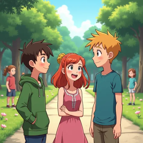 "A moment of realization as Lily, Max, and Jake stand together in the park after returning the wallet. The background shows a peaceful park with trees, flowers, and a playground. The ren are looking at each other, smiling, with a sense of accomplishment, k...