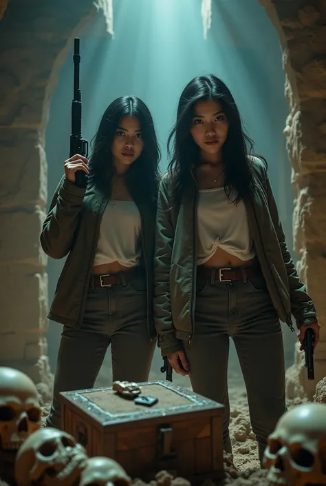 make a poster horor movie full color , two beauty asian woman white skin wearing tshirt,jacket like hunt treasure outfitt,with hand both hold gun inside paramid to find firaun treasure, she is fund old mummy and jewelery box treasure inside cave with full ...