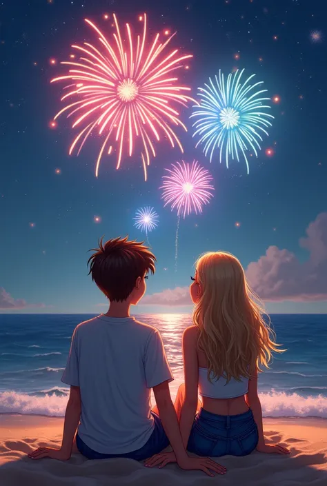 Teenage boy and blonde teen girl sitting on the beach watching fireworks 