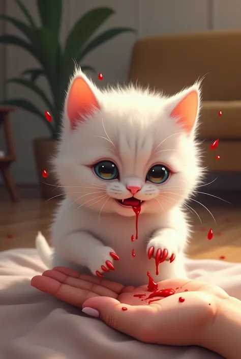 Baby white cat get blood from hand and in the pain