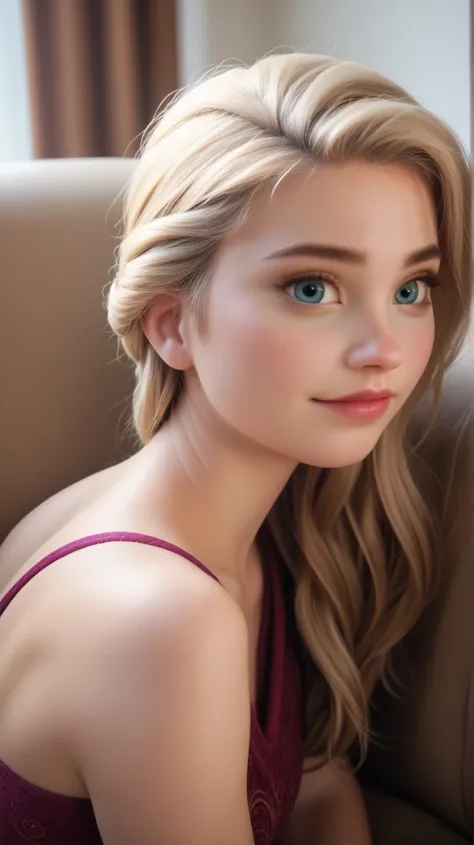 (30 year old:1.4), (best qualit:1.4), (detailed face:1.4), (high resolution:1.4), (detailed perfect photo image:1.5), elsa, wearing casual clothes, sitting on couch, close photo,