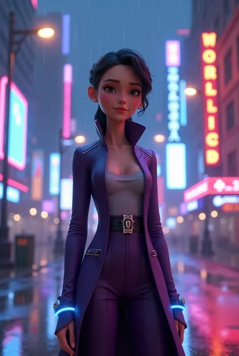 In a breathtaking Pixar 3D animation style, Jabs stands as a radiant and ethereal figure amidst a neon-lit, dystopian metropolis. The backdrop features towering skyscrapers that pierce the night sky, their surfaces shimmering with holographic advertisement...