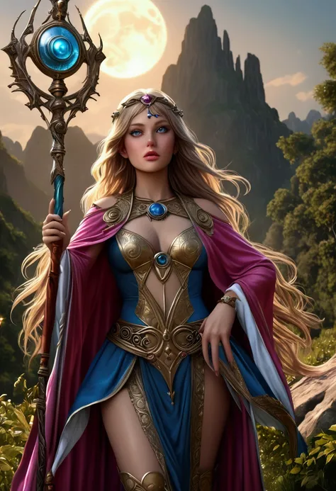 A young female sorcerer with long flowing hair, radiant sparkles, an ornate and intricate sheer sexy robe no underwear, huge expressive eyes, and a magical girl moon staff, racing urgently to join a weathered band of veteran adventurers, (best quality,4k,8...