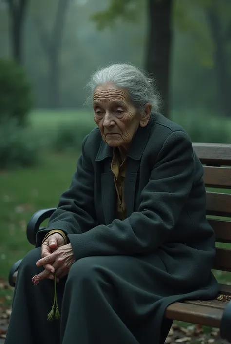 Old woman sad and alone sat in the park