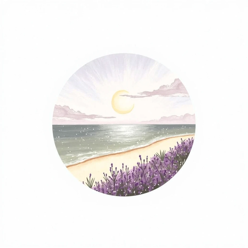 A serene, painted landscape depicts a tranquil beach scene at dawn or dusk.  The sky is a soft, pastel lavender and mauve, streaked with delicate white clouds.  A pale yellow sun is positioned near the top of the image. The water is a mix of muted grays, g...