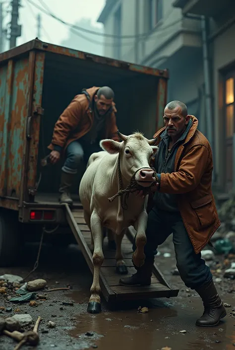 Create a highly detailed and realistic 3D scene showing four to five miscreants forcibly taking a fat white cow onto the back of a rusty, old truck. The miscreants should look rugged and menacing, wearing tattered jackets, boots, and holding ropes and stic...