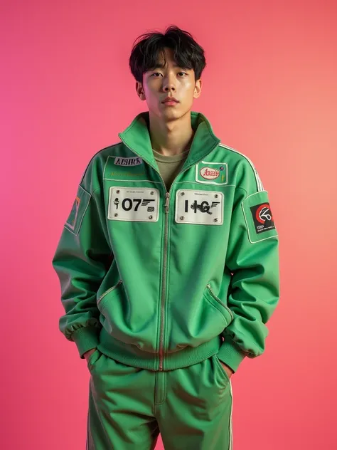  A Korean man is Wearing a tracksuit/ green athletic shirt Choi design Sang-kyu ,  with license plate  "007"  at the top . front. , Unzipped jacket . shades of distressed paint ,  Warm color palette ,  with a bright pink background  