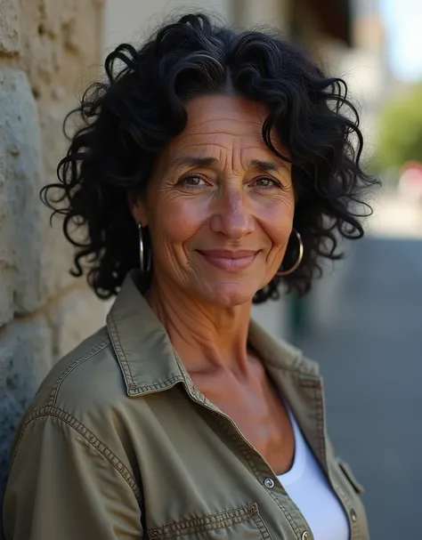 masterpiece, highest quality, Highest image quality, High resolution, photorealistic, Raw photo, woman , solo, Israeli woman, 65yo, black hair, curly hair, realistic skin texture, street in Israel, Tel Aviv with wall behind, casual clothes, shirt and pants...