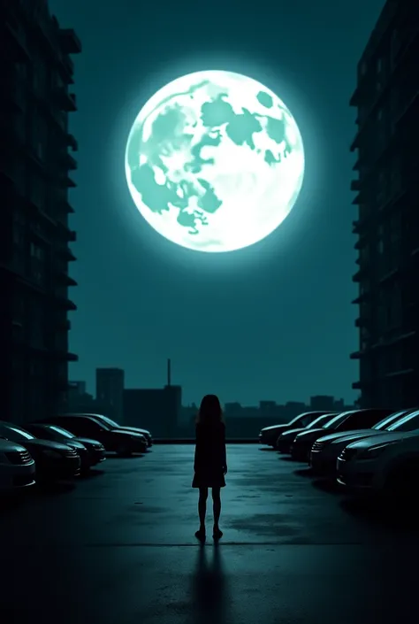 "A dark, eerie parking lot serves as the setting. On the left, a tall apartment building looms, stretching high into the night sky. In the center, a massive full moon, bus-sized, glows brightly, casting an ominous light. A shadowy silhouette of a girl, ent...