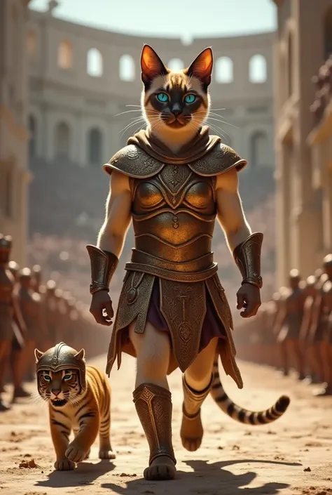  create an anthropomorphic Siamese cat wearing bronze gladiator armor and carrying a pointed shield,  confidently walking through an enormous Coliseum with crowds roaring in the background . by your side,  a playful tiger cub wearing a tiny matching helmet...