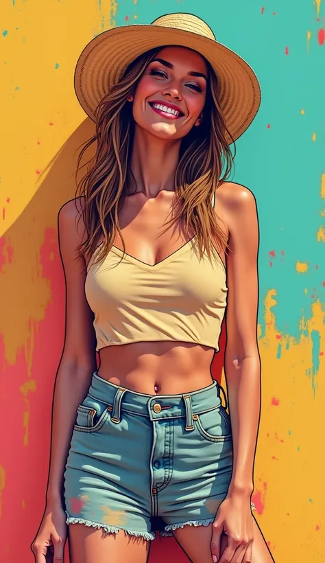 DISCREET image. with discreet casual clothes. image adult woman, american, comic book style. SHE IS HAPPY AND GRATEFUL, with a discreet smile. IMAGES WITH VIBRANT COLORS. with Colorful background. summer vibe