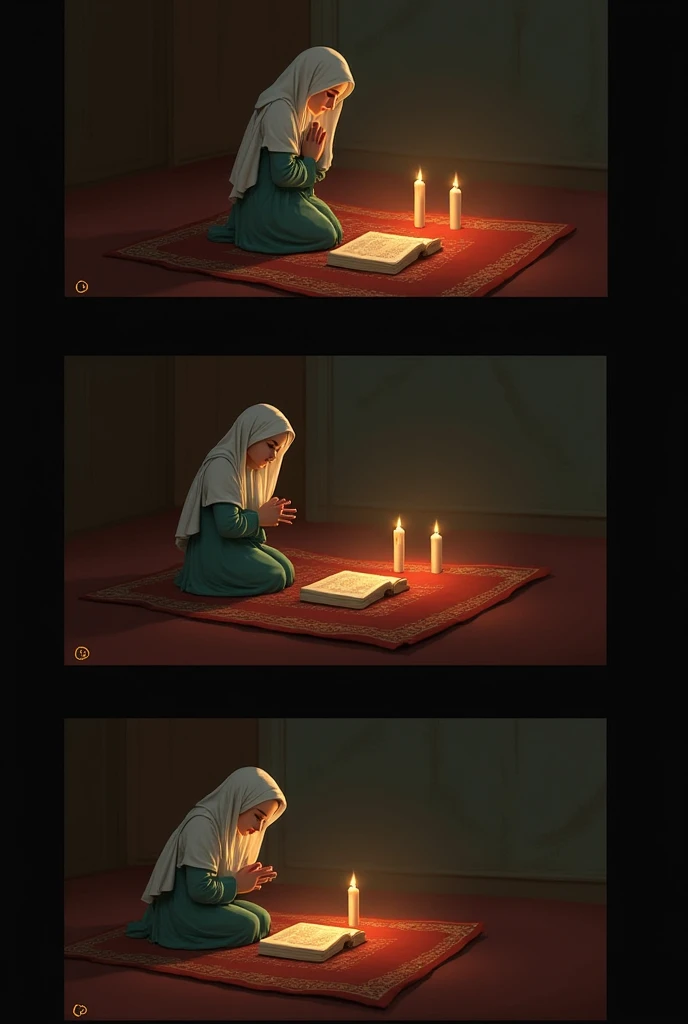 Scenes of Sarah praying and learning the Quran.