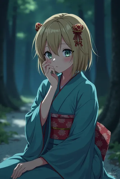 high quality, 8K Ultra HD, leave a night glow, heavy trees in the background, japanese girl sitting, short blonde hair, japanese ornaments in hair, traditional kimono, one hand brought up to her lips, bluish green eyes, rested face