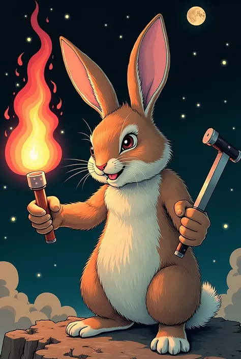 a close up of a rabbit with a knife and a hammer, an album cover by Michel Kikoine, tumblr, ukiyo-e, official artwork, kitsune, kodackchrome, night time, backbone, nighttime!!, nighttime!, kitsune holding torch, hajime katoki, psytrance artwork, detailed c...