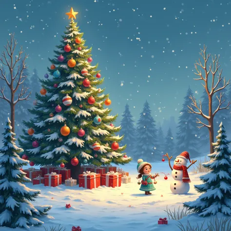   christmas picture, written happy new year 2025 ,  beautiful christmas tree with balloon toys outside evening, beautiful starry sky lots of snow , It&#39;s snowing, Snow Maiden and  Frost and Snowman