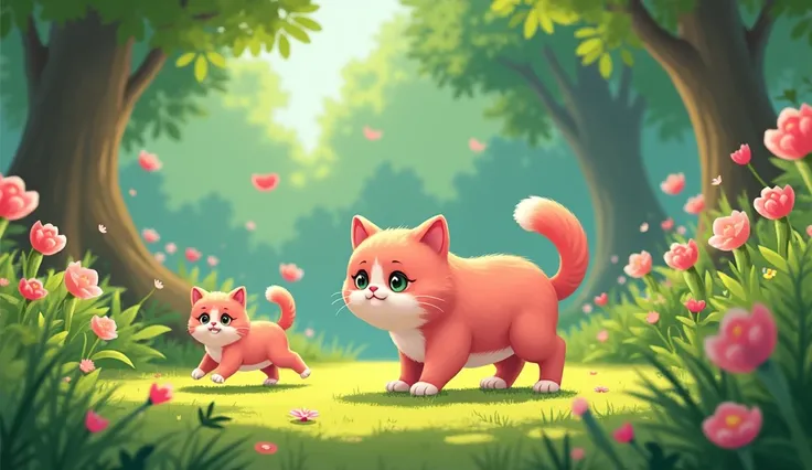 A serene garden with vibrant flowers, tall trees, and a pink chubby cat following his kitten who’s running ahead joyfully.