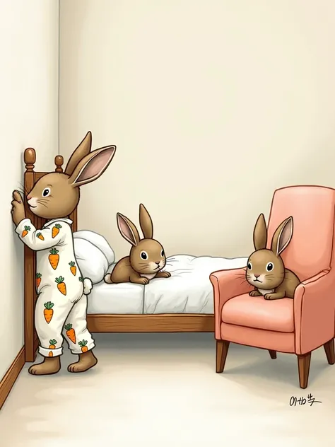 Three young cute female rabbits 12 years  old. They are wearing pyjamas  with carrots prints. They are playing hide-and -seeek in a bed room. Rabbit 1 is standing facing a wall and closing her eyesbwith her arms. Rabbit 2 is hiding under a wooden bed. Rabb...