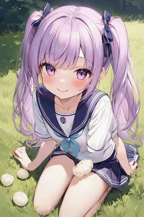  girl、Light purple hair color、 Dumplings Twin Tails 、 sailor suit、 miniskirts、smile、 sit on the ground、Light purple panties