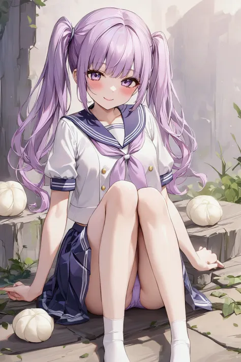  girl、Light purple hair color、 Dumplings Twin Tails 、 sailor suit、 miniskirts、smile、 sit on the ground、Light purple panties