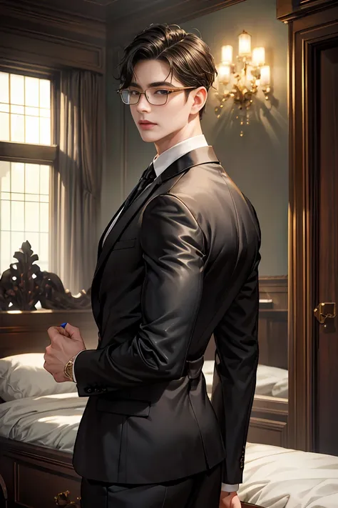 masterpiece、 super delicate 、 semi-reality 、male、Youth、Middle age、35歳くらいの魅力的なmale性、Short black hair、 very beautiful、 all back、Attractive brown eyes、Glasses、Harsh face 、 custom made luxury suit