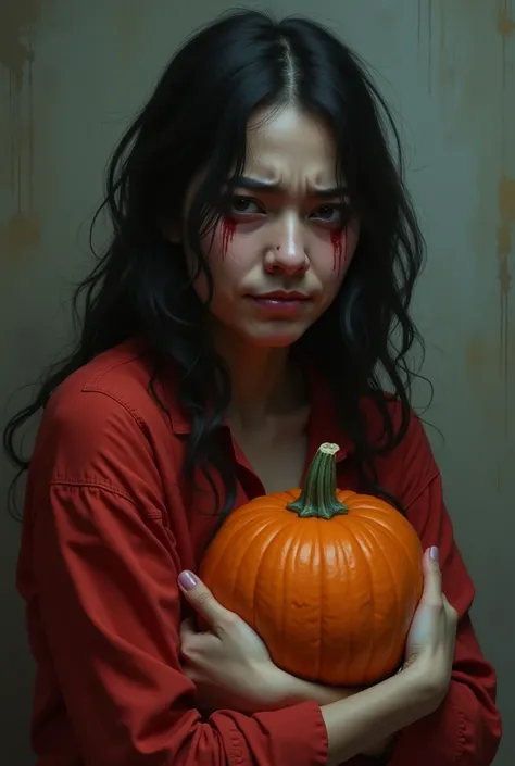 A crying person with a red shirt and a pumpkin in their hand 