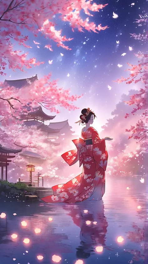 Enchanted maiko performance scene, elegant hand gestures, floating sakura petals, traditional garden background, ethereal moonlight, dreamy atmosphere --ar 9:16 --stylize 1000 --niji 5