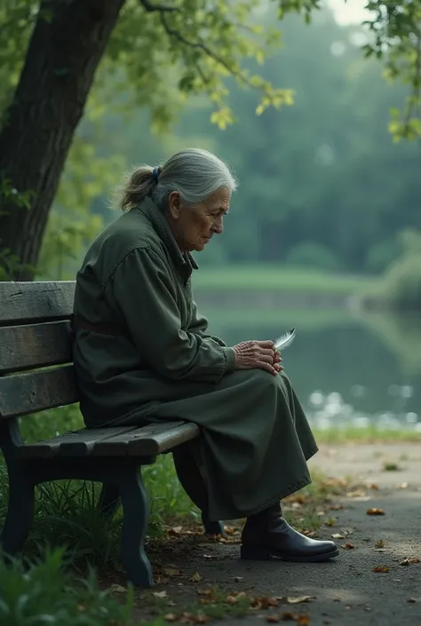 Make this old woman sat in the seat at park alone and sad 