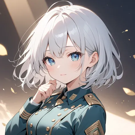  super high image quality、 top quality 、 best aesthetics、 one girl:1.3、 with beautiful white silver hair、 bob hair、Aquamarines Beautiful Eyes 、Oblique eyes、((Military uniforms:1.3))、((whole body:1.3))