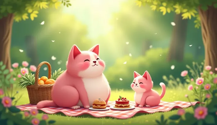 A picnic scene in the garden with a pink chubby cat and his kitten sitting on a blanket, surrounded by snacks and a gentle breeze rustling the trees.