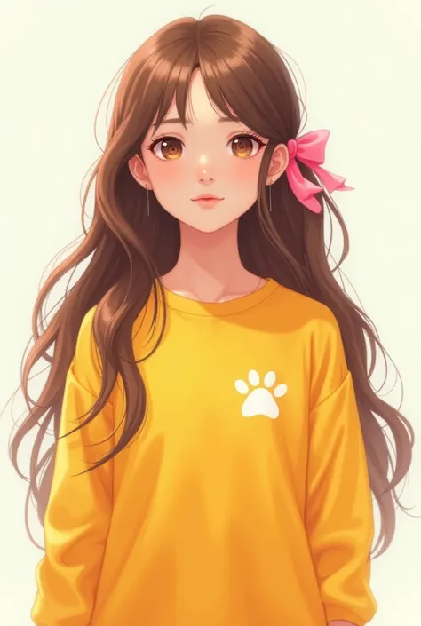 Girl with long brown hair, pink ribbon on right side, gold yellow shirt, cat paw logo in all white place without any objects 