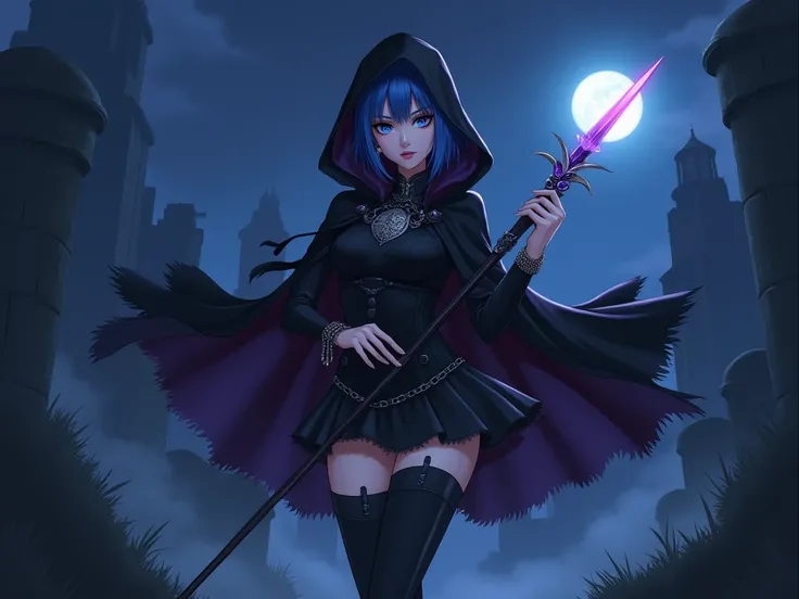 anime,  beautiful woman ,  short blue hair,  bright blue eyes , dark makeup around her eyes , earrings, bracelets,  sexy sorceress outfit in black and dark purple with gray details,  thigh-high boots color black , short wavy petticoat color black ,  gray m...