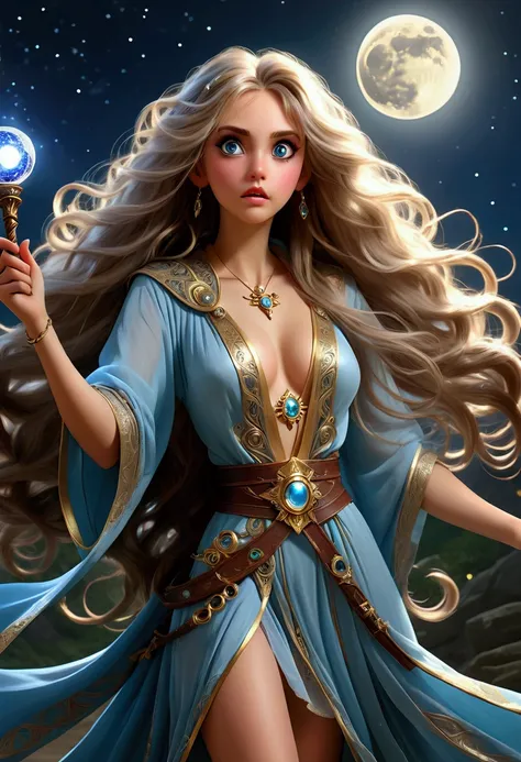 A young female sorcerer with long flowing hair, radiant sparkles, an ornate and intricate sheer sexy robe no underwear, huge expressive eyes, and a magical girl moon staff, racing urgently to join a weathered band of veteran adventurers, (best quality,4k,8...