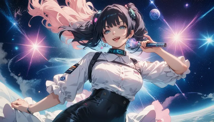 A futuristic anime girl with short shoulder lengh,, 
straight black hair, cascading down her back, 
dressed in a sleek white button-up shirt 
with high-tech buttons that glow softly. 
She stands with one hand microhpnerem on her collar, 
her gaze directed ...