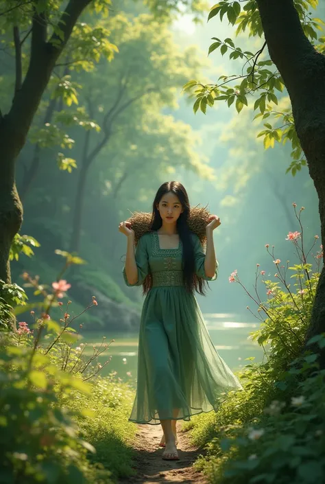  Draw a young woman aged 20-30 years wearing an old Vietnamese frock and she is carrying a burden walking through the forest ( forest with trees , hoa, Leaf,  with lakes or rivers  