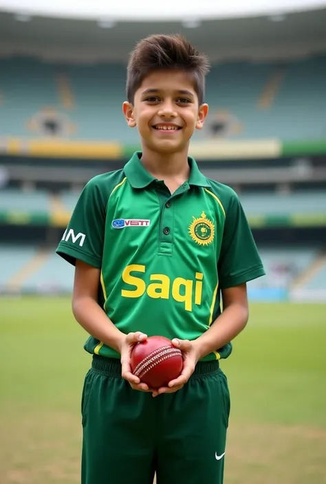 a boy hold ball in his hand with Pakistan cricket team shirt written name on it Saqi