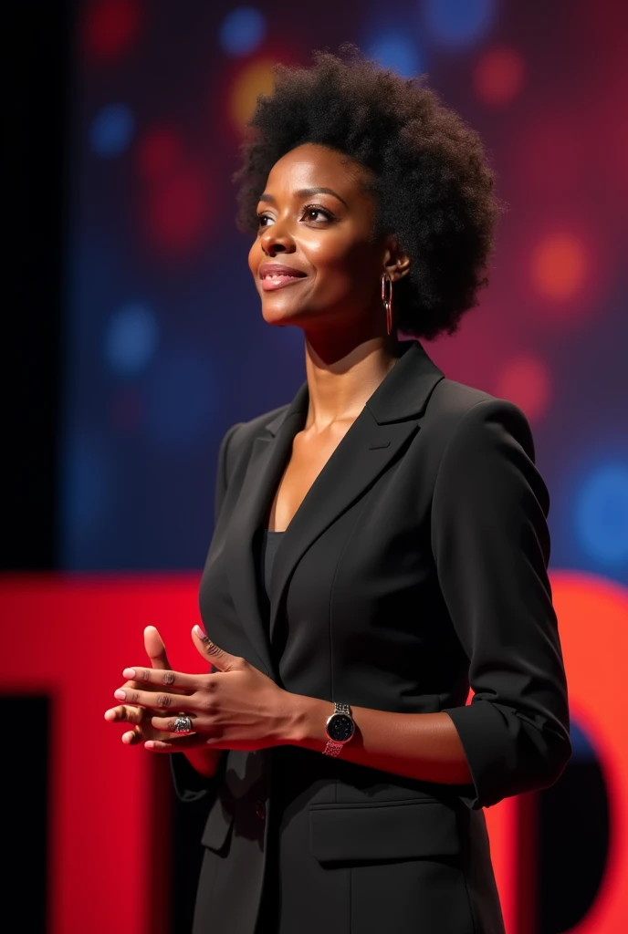  Imagine a woman of African descent with brown skin ,  professionally dressed ,  giving an inspiring TED talk on an elegant stage with an artistically illuminated background . Ella proandecta Trust and carisma mientras habla passionately sobre un tema rele...