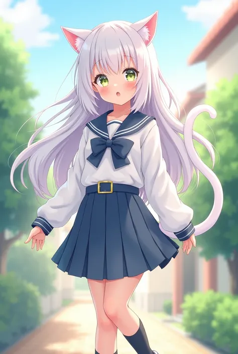 Make it into a cute anime

1.white hair
2.cat ears
3.cat tail
4.blue and orange eyes
5.white school uniform
6.wearing a blue skirt
7.black belt
8.white shoes
9.girl
10.wearing stockings