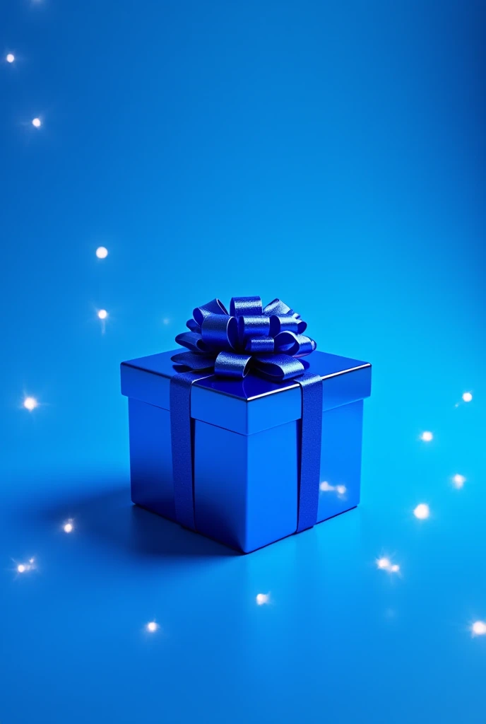 "Create a square-shaped blue gift box with a glossy finish, tied with a shiny, voluminous blue ribbon and bow on top. Position the box centrally in the frame with a slight perspective, showing its front and top sides. Use a vibrant blue background filled w...