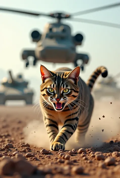 Military cat fighting with four tanks and helicopter 