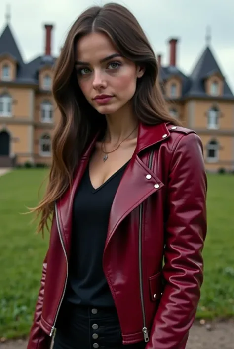 Generate an image of a girl wearing a dark red leather jacket, black top and black skirt . White skin tone eyebrows according to her face that enhance her beauty green eyes and some rebellion a mansion in the background the girl is blonde 