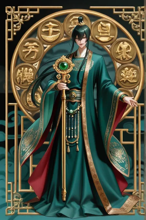 A wise, confident chibi-style character named Jin Luo, symbolizing wealth and wisdom. The character wears a luxurious dark green robe with a gold silk pattern and embroidered coins and clouds on the cuffs. A jade belt decorates the waist, exuding elegance....