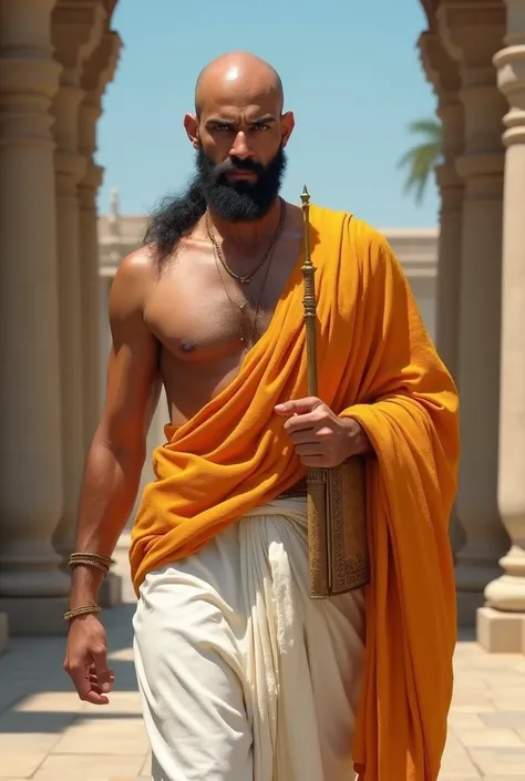 "A hyper-realistic depiction of Chanakya, a sharp-featured man with a bald head and intense, penetrating eyes. His skin is tanned from the sun, and his long, flowing white dhoti is tied with precision. Over his shoulder, he wears a simple saffron shawl sym...