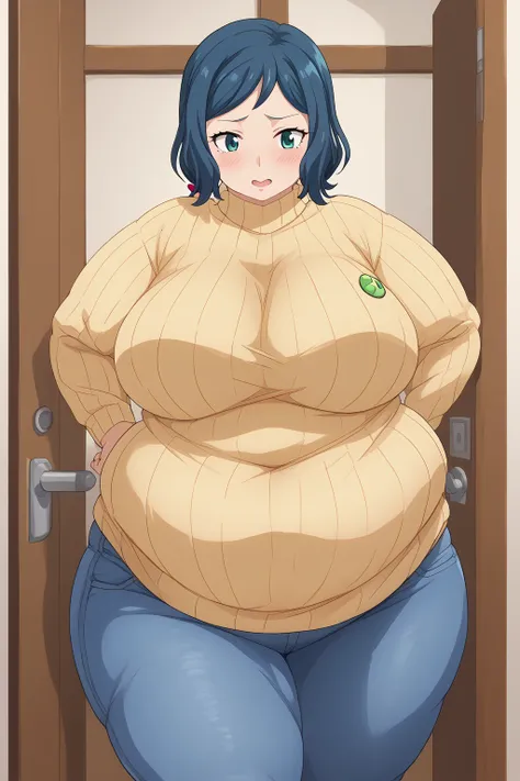  Iori Rinko, Rinko Iori,　 yellow sweater, Navy blue jeans ,Obese middle-aged woman, troubled expression, embarrassing expression ,milf, chubby,living, score_9,  score_8_ up、 score_7_ up、 score_6_ up、 score_5_ up、 score_4_ up、 masterpieces at the front door...