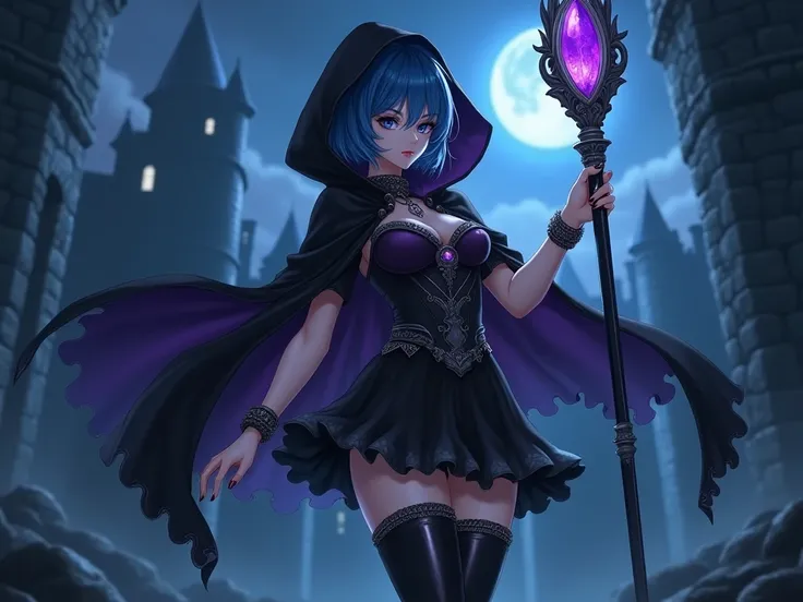 anime,  beautiful woman ,  short blue hair,  bright blue eyes , dark makeup around her eyes , earrings, bracelets,  sexy sorceress outfit in black and dark purple with gray details,  thigh-high boots color black , short wavy petticoat color black ,  gray m...