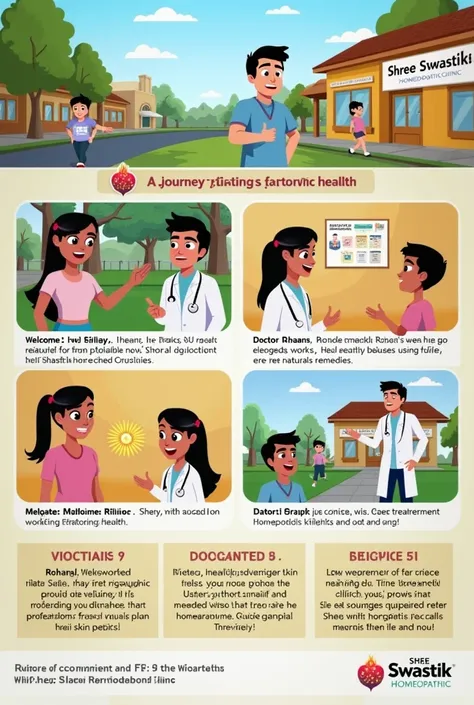 ### Cartoon Short Video Script: Advertisement for Shree Swastik Homeopathic Clinic  

**Title:** *"A Journey to Better Health"*  

---

**Scene 1: Introduction**  
*(Background: A bustling town with animated characters going about their day)*  
- **Visual:...