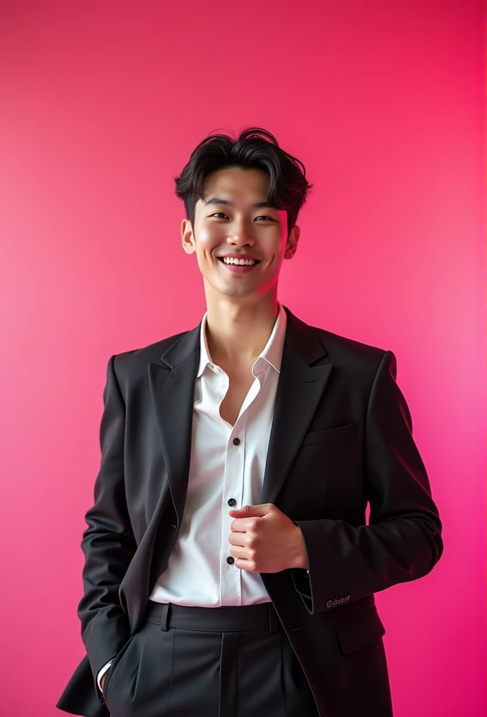 4K, ultra realistic, a handsome korean man, attractive smile, wearing fashion week clothes, pink background, photoshot for valentine day in a photo studio