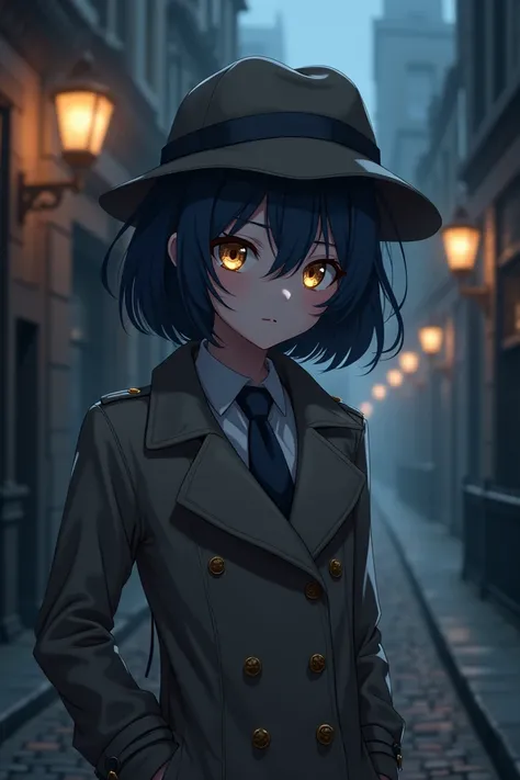 Draw a dark blue short-haired anime girl in an old London with golden eyes in the shape of a peephole wearing a detective costume