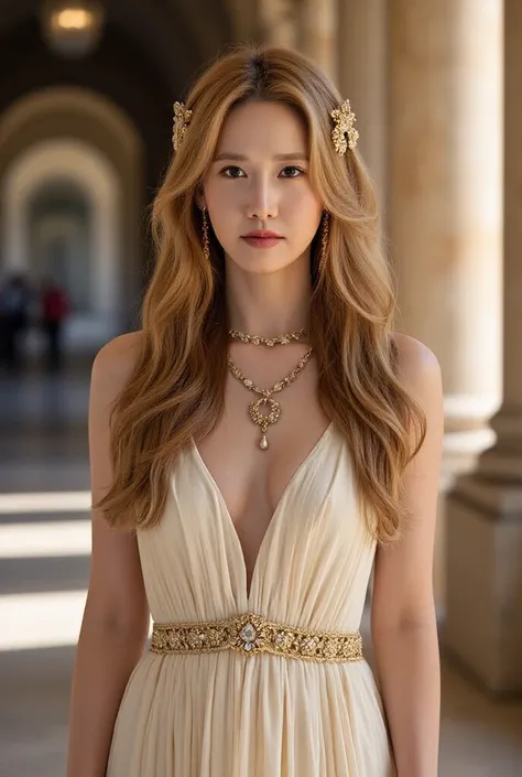 a beautiful 25 years old Helen of Troy in her palace, long wavy strawberry blonde hair, fulll body shot, sunny day, wearing an ancient greek dress, (wearing a full set of ancient greek jewelry), slender body, masterpiece, best quality, high resolution:1.4)...