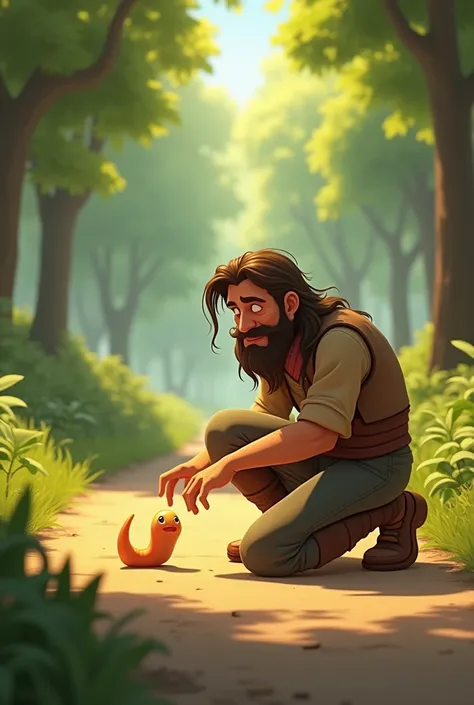 The long-haired and bearded 
man takes the cute worm he found on the road. on the forest road. animation