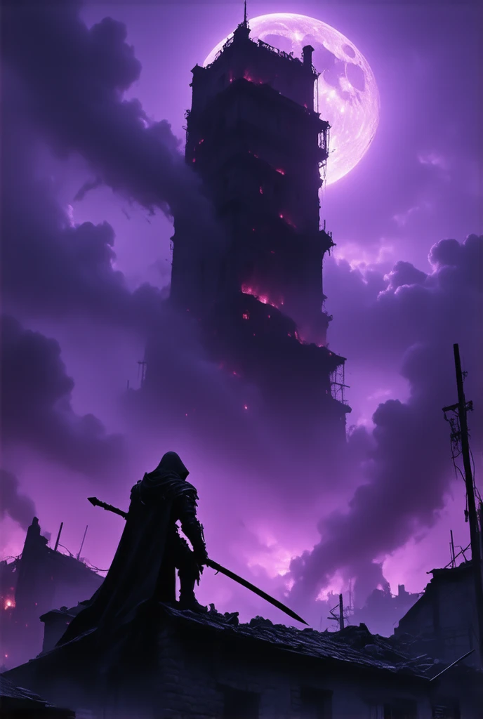 (8k, top quality, masterpiece ,  Final Fantasy style: 1.2), atmospheric perspective , 8k,  very detailed, 
  A huge dark tower has descended on Tokyo  ,   ruled by pure darkness  ,   back view of a reaper sitting on the roof of a destroyed building carryin...